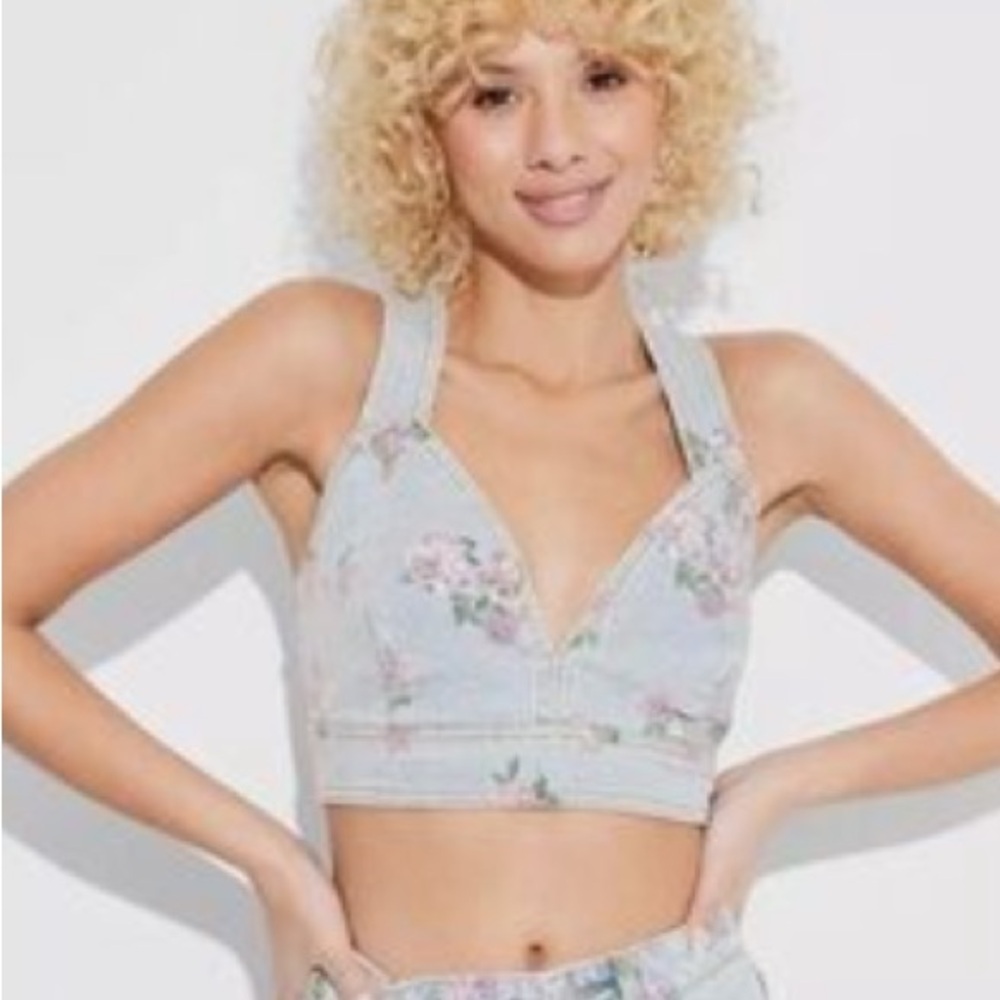 wild fable Light Blue Floral Denim Crop Top